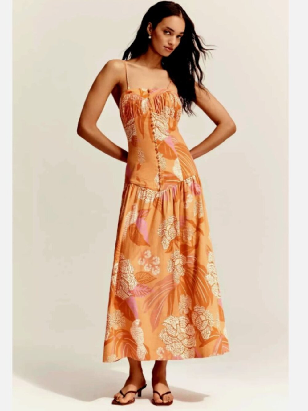 NWT Farm Rio x Anthro Orange Linen Blend Drop Waist Maxi Dress - Size L - Picture 1 of 14